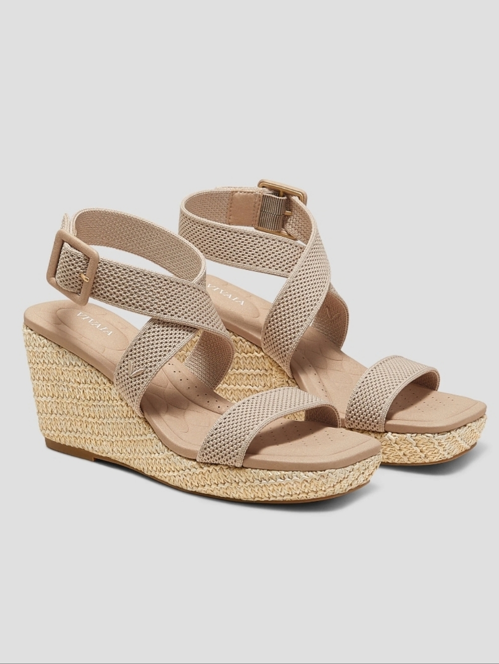 NEW Vivaia Square-Toe Slingback Wedge Sandals (Lyla) Beige Sand Vacation Sz 10.5